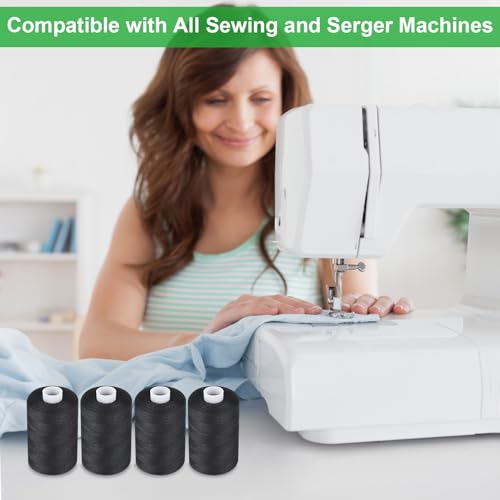 Simthread All Purpose Sewing Thread, 4 Spools Each 1000 Yards of Polyester Threads for Sewing Machine, Sewing Machine Supplies for Beginners, Hand Stitching, Quilting, Serger (4 Black) - color: Black