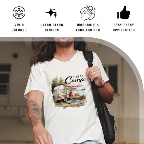 Dazoratix Camping Iron on Transfers - 20 Sheets Adventure DTF Ready to Press for T Shirts Mountain Wild Outdoor Heat Patches Stickers Vinyl Decals for Clothes Appliques Bag Hat Decorations DIY Crafts - style: Camping