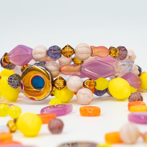 1.4oz (40g) Limited Mix of Czech Glass Beads, Hand Made Set Kit, Pink Rhombus Flowers Yellow Lemon Beads - color: LMIX pink yellow lemon