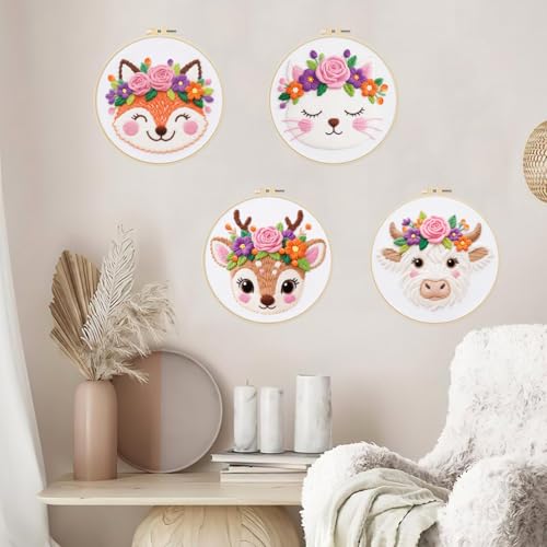 ORIGACH 6 Pack Animals & Floral Crown Embroidery Kit for Beginners - style: Animals & Floral