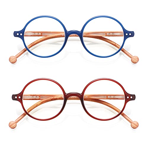 Round Reading Glasses for Women Men Blue Light Blocking Circular Readers Unisex Ultra Lightweight Circle Eyeglasses - color: Matte Blue+matte Red