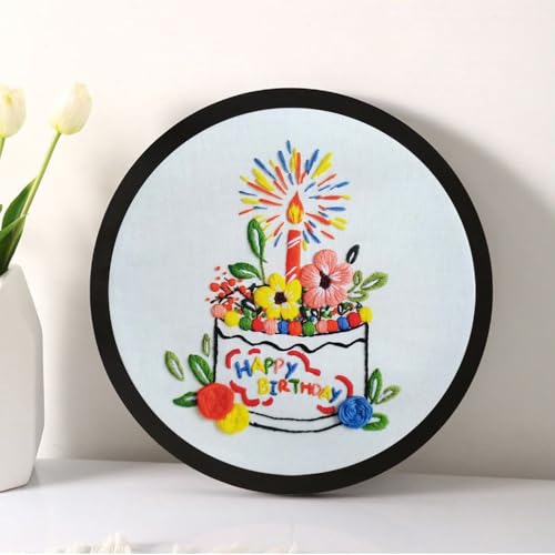 Esffaci Embroidery Starter Kit for Adult Beginner with Birthday Cake Flowers Pattern Hand Embroidery Set with Cloth Hoop Needle Threader Floss and Instruction - color: Birthday Cake