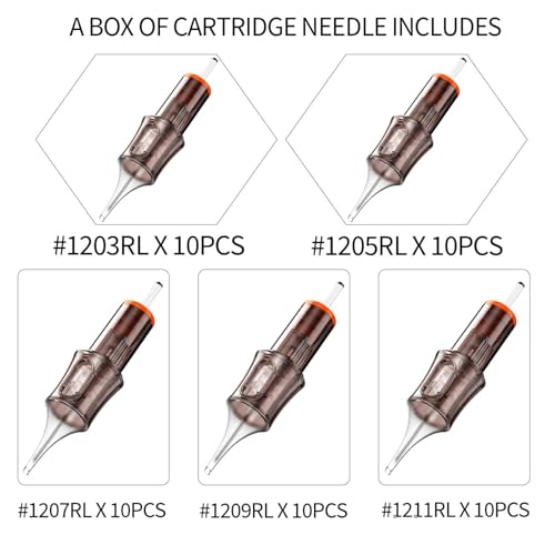 50 Assorted Tattoo Cartridge Needles Mixed Size #12RL Standard Round Liner - 10 Pcs each of 3RL, 5RL, 7RL, 9RL, 11RL, Pro Disposable Membrane Tattoo Needles - size: 50Pcs-12RL Mixed