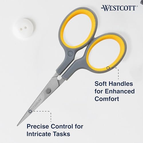 Westcott 4" Embroidery Scissors with Titanium-Bonded Blades, for Crafting, Sewing & More, Gray/Yellow