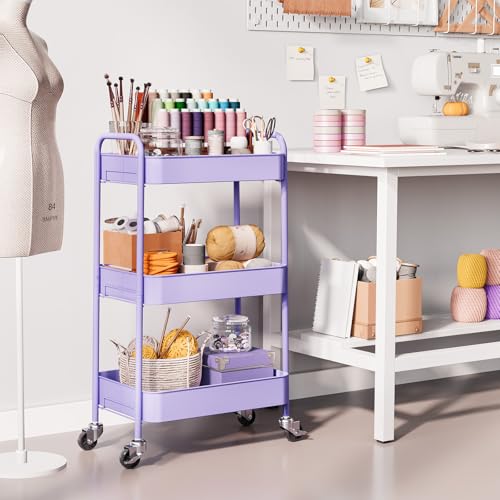 TOOLF 3 Tier Metal Rolling Cart, Utility Storage Cart with Wheels, Purple - color: Purple, size: 3-Tier