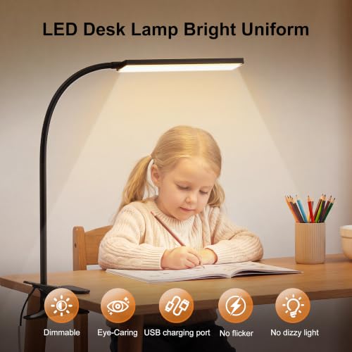 Vansuny Clip on LED Desk Lamp, Eye-Caring USB Reading Light for Home Office - color: Black