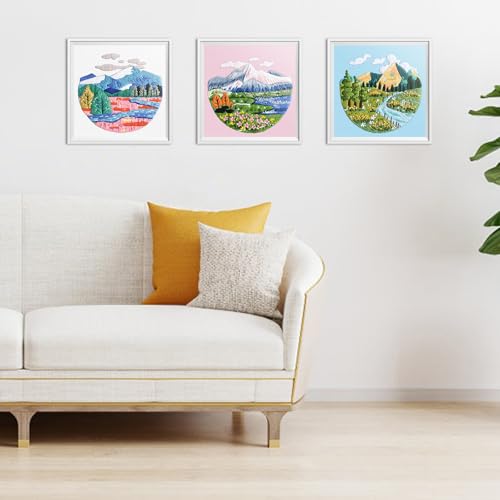 ERKOON 3 Sets Embroidery Kit, Floral Cross Stitch Set for Include Embroidery Cloth Hoops Threads for Craft Lover Hand Stitch (Landscapes) - color: Landscapes