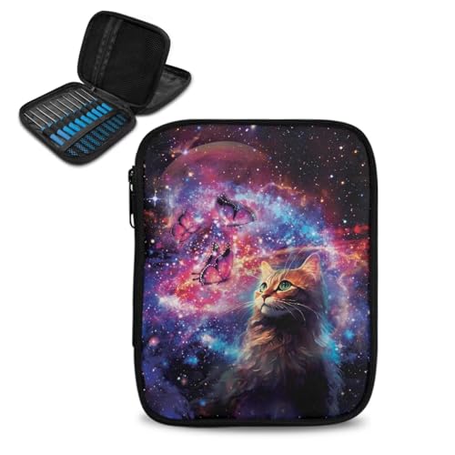 Kathyboom Galaxy Cat Crochet Hooks Case Large Capacity Empty Zipper Bags Portable Travel Crochet Storage Bag Organizer with Web Pocket and Crochet Holder Slots for Crochets Needles - color: Galaxy Cat