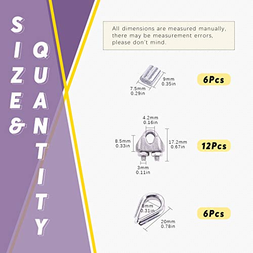 Swpeet 24Pcs M2 (1/16") Wire Rope Accessory Set, Included M2 Wire Rope Cable Clip Clamp, M2 Stainless Steel Thimble, 2mm Aluminum Crimping Loop Sleeve Perfect for 1/8 inch Wire Rope Cable (M2) - size: M2
