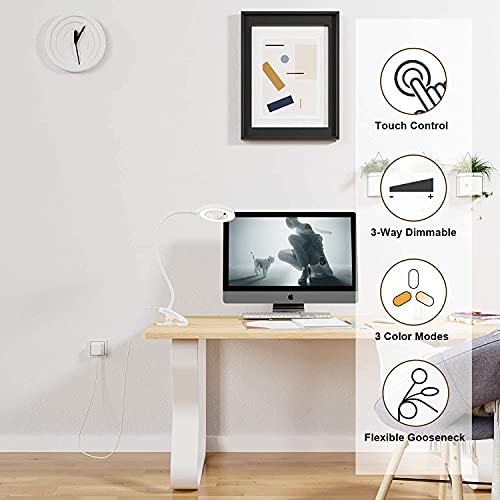 Desk Lamp, JKSWT Clip on Light Reading Light Ring Light LED with 3 Color Modes, 9 Brightness Dimmer, 60 pcs LEDs, Touch-Sensitive Control Pane, 360 ° Flexible Gooseneck Bed Light