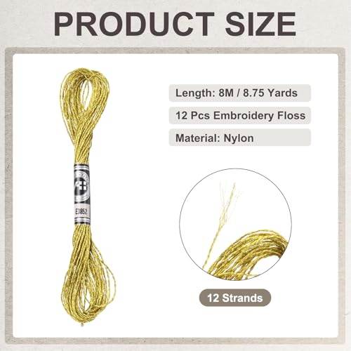 PATIKIL 12 Skeins Embroidery Floss, Metallic Embroidery Thread Nylon Threads Bracelets String for Cross-Stitch Hand Embroidery, Gold Tone - color: Gold Tone