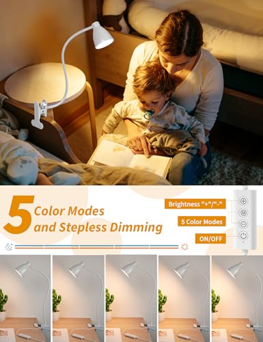 BOHON Clamp Lamp 5 Color Modes 10 Brightness Dimmer Bedside Lamp, White - color: White