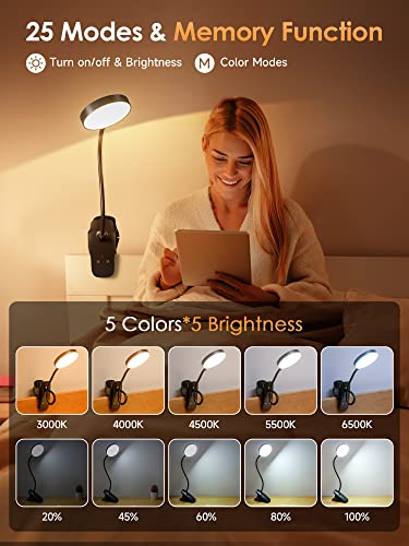 Mubarek Clip on Lamp,5 Brightness+5 Color Clip on Light,200LM 36 LED Reading Lights for Books in Bed,1800mAh Battery Powered Lamp Battery Operated Lights,Rechargeable Desk Lamp with Clamp Light - color: Black