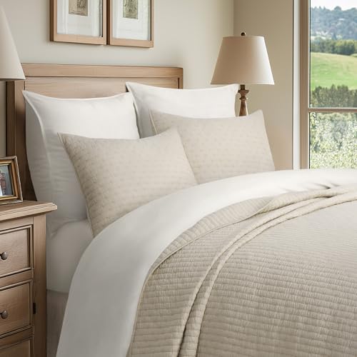 EverGrace 100% Cotton Cross Stitch 3-Piece Quilt Set, 118"x106", Flax Beige - color: Flax Beige, size: OVERSIZED CAL KING (118" x 106")