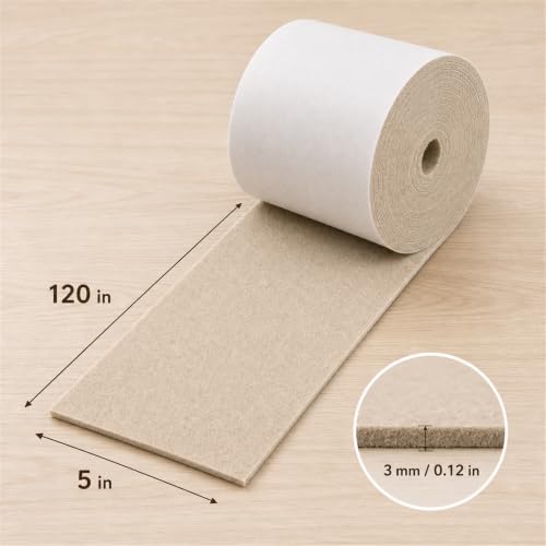 Felt Furniture Pads, Self Adhesive Felt Sheets Roll, Cuttable Felt Pads for Furniture Legs, Heavy Duty Furniture Pads for Hardwood Floors, Chair Wall Protector, Beige, 120 x 5 x 0.12 Inch - color: Beige, size: 5" x 120"