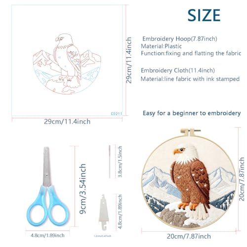 Zhenqing Bald Eagle Embroidery Kit for Beginners, Wildlife Mountain Needlework Craft with Pre-Printed Cotton Fabric, Hoop, Threads & Tools (C0211) - color: Bald Eagle
