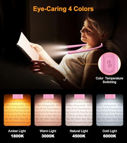 Gritin Book Light, Eye Caring 4-Color&5-Brightness Neck Light Reading Light - color: Rose, size: Upgraded
