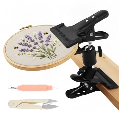 2-in-1 Embroidery Hoop Stand, 360° Rotatable Adjustable Metal Desktop Holder with Clamp, Hands-Free Cross Stitch and Needlepoint Stand for Most Hoops