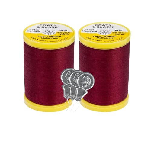 Coats & Clark Cotton All Purpose Sewing Thread 100% Mercerized Cotton 225 Yards Each Spool S970 2 Pack Bundle with 3 Bella's Crafts Needle Threaders (Barberry Red) - color: Barberry Red