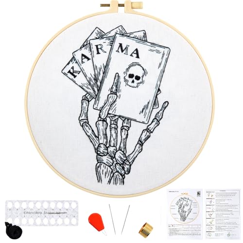 Gothic Tarot Embroidery Kits for Beginners Adults, Halloween Hand Bone Embroidery Starter Kits, Skull Cross Stitch Kits for Beginner Adults Hobbies for Women, Embroidery Fabric, Hoops & Video Tutorial - color: H2024