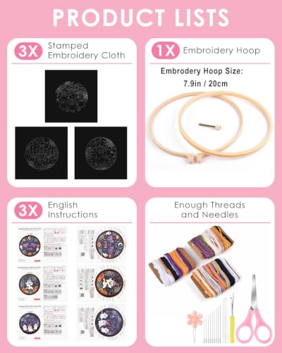 TINDTOP Halloween Embroidery Kit for Adult, 3 Pack Embroidery DIY Starter Kit, with Stamped Patterns, Hoop, Tools, Colorful Threads with Needles, Instructions - color: Halloween A