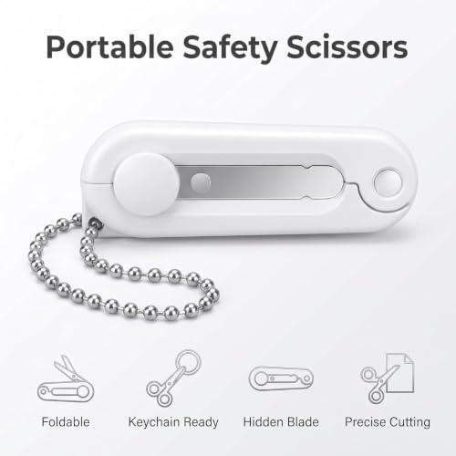 Mini Scissors with Key Chain Mini Telescopic Small Foldable Scissors Portable Safe Pocket Travel Scissors Retractable Kids Shears Sharp Cutting Tools for Cutting, Scrapbooking (White) - color: White