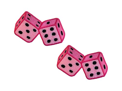 Pink Dice Patch, 3” x 2”, 2-Pack, Embroidered Iron-On for Hats, Bags, Jackets - color: Dice - Pink