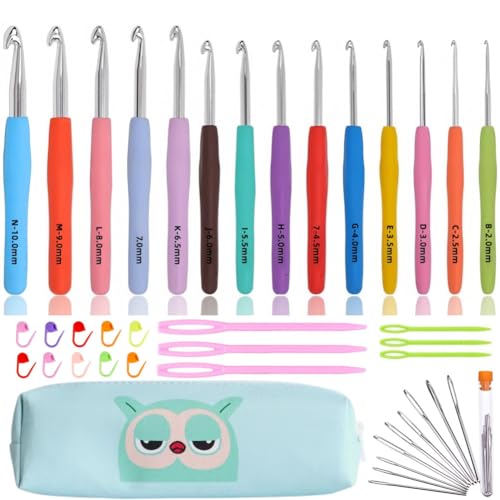 Crochet Hook Set,14 Sizes Crochet Hooks for Arthritic Hands,Crochet Hooks Ergonomic Soft Grip with Case,Crochet Needles(Size B-Size N) - color: light blue