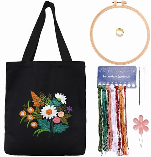 CREAWONDER Canvas Tote Bag Embroidery Kit with Pattern for Beginners, Arts and DIY Embroidery Crafts Kits for Adults, Include Instructions, Thimble, Embroidery Hoops, Color Threads and Tool - color: CR002 chenhuicaoxin black