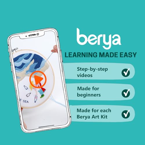 BERYA Embroidery Kit for Adult Beginners, Sea Embroidery Kit with Step-by-Step Instructions and Video, Printed Cloth, 7.87" Hoop, Display Stand, Color Threads and Tools for Craft Lover(BEH001) - color: Blue sea