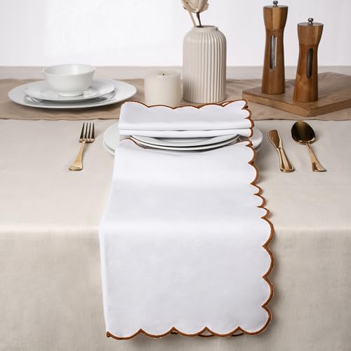 Blue Needles Cotton Scalloped Embroidery Cloth Napkins 17X17Inch - Set of 4 - color: White(edges - Rust)