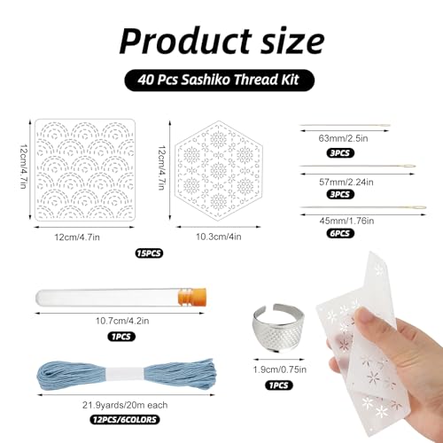 40 Pcs Sashiko Thread Kit, Cotton Thread and Needles Kit with Sashiko Patterns for Embroidery Projects Hand Quilting Mending Supplies