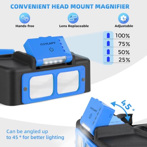 COYLAPY Headband Magnifier with Light, 1.5X-3.5X Hobby Magnifying Glasses - color: Blue