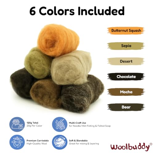 Woolbuddy Corriedale Wool Roving Kit for Needle Felting (Brown) 20g Each - color: Brown
