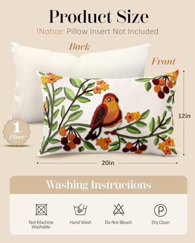 Embroidered Throw Pillow Cover, 20x12 Inch, Bird Branch - color: Tree Bird, size: 20" x 12" (Pack of 1)