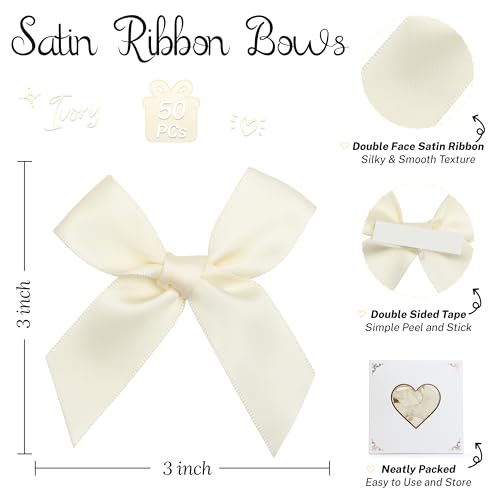 Pre-Tied Self Adhesive Ivory Satin Ribbon Bows for Crafts 3 Inch - color: Ivory