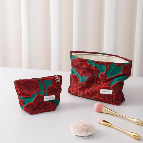 RANIT Retro Red Jacquard Cosmetic Bag - Durable Canvas Luxury Handheld Travel Toiletry Storage Bag Small - color: Red, size: Small
