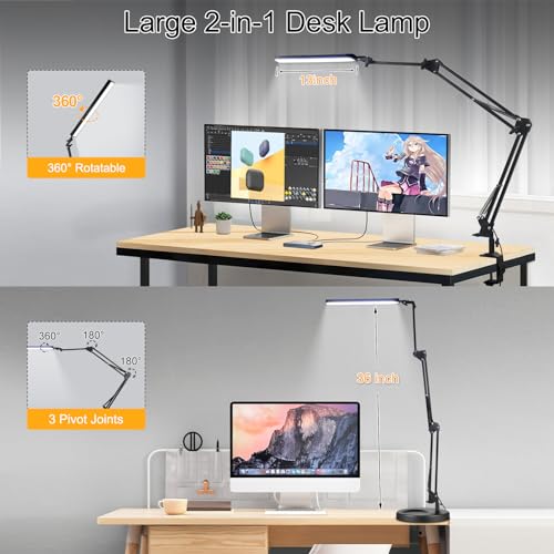 NOEVSBIG LED Desk Lamp with Clamp,2-in-1 Clamp on Desk Lamps with Base,50.7" Adjustable Swing Arm Architect Desk Lamp,Memory Function Desk Lights for Home Office,Workbench,Reading,Craft,Drafting