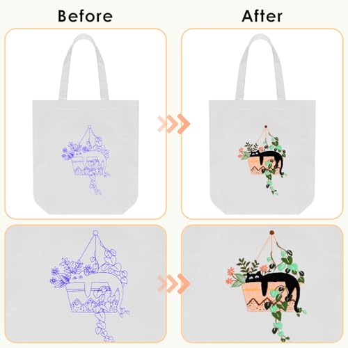 ERKOON Embroidery Canvas Tote Bag for Beginners, Needlepoint Arts Crafts Cross Stitch Kits for Adults Including Stamped Embroidery Bag with Hoops, Needle, Instruction and Color Threads (Cat) - color: Cat