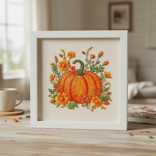 ARTopet Embroidery Kit for Adults Beginners Flower DIY Craft Starter Set Cotton Needlepoint Set with 7.87In Hoop Threads Tools Perfect Gifts for Hobbyists to Create Wall Art-Pumpkin - color: Pumpkin