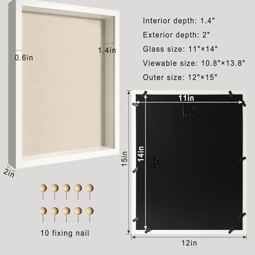 11x14 Shadow Box Display Case with Tempered Glass, White Wooden Large Memory Shadow Box Frame with Soft Linen Back - color: White, size: 11x14
