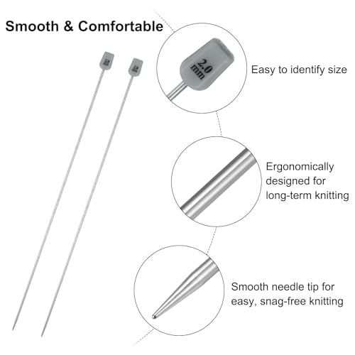uxcell 2Pcs 2mm(B) Single Pointed Knitting Needles Stainless Steel 9.84 Inches Length Metal Weaving Tool for Handmade Projects DIY Knitting - size: 2mm, 9.84"