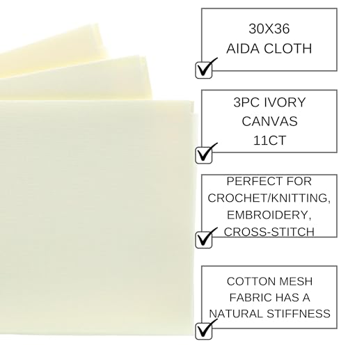 Essentials By Leisure Arts Aida Cloth, 11 Count, Ivory, 3pc, Bulk, Cross Stitch Fabric, Embroidery Fabric, Cross Stitch Supplies for Crafting, Stitching, and Sewing Projects 30x36