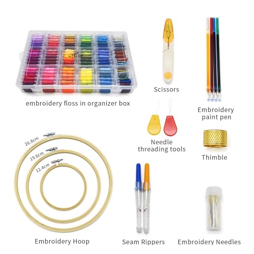 ATTERET Embroidery Cross Stitch Starter Kit, 108 Threads, 3 Hoops, Pink - color: Pink