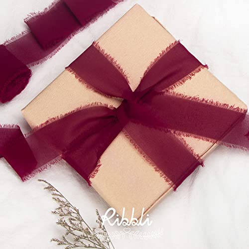Ribbli Burgundy Chiffon Silk Ribbon, 1.5 inch x 30 Yard, Handmade, Fringe, Wedding Invitations, Gift Wrapping, Bridal Bouquets, Flower Arrangement - color: Burgundy