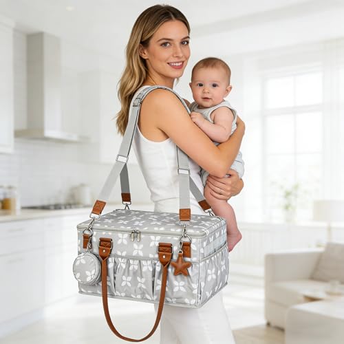 Moteph Diaper Caddy with Changing Mat, Large Baby Diaper Caddy Organizer with Lid, Portable Organizer Basket for Nursery and Car, Shoulder Strap and Pacifier Organizer - style: Deluxe Set