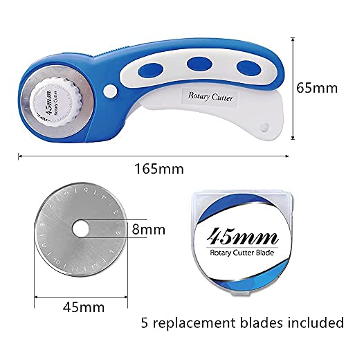 Headley Tools 45mm Rotary Cutter with 5pcs Extra Rotary Blades, Ergonomic Rolling Cutter with Safety Lock for Fabric, Sewing, Quilting, Cloth, Paper, Leather, Crafting, Fabric Rotary Cutter(Navy Blue) - color: Blue, size: 45mm