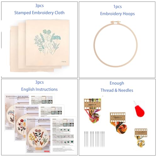 Smart-Feather 3 Sets Embroidery kit for Beginners, Hand Embroidery Kits for Adults with Hoop, DIY Art Project Craft Kit (Flower) - style: Flower