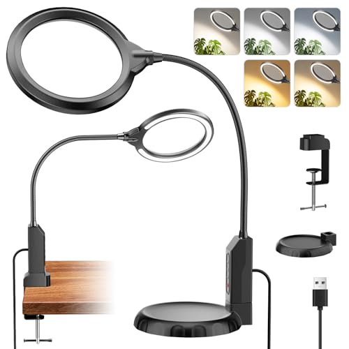 15X Magnifying Glass with Light and Stand, 5-Color & 10 Lightness Level - color: Black
