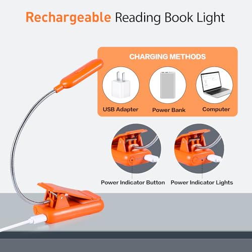 VAVOFO Rechargeable Book Light, Blue Light Blocking, Amber 1600K Clip On Reading Light, Eye Care 7 LEDs Kids Book Light for Reading in Bed with Power Indicator for Bookworms (Neon Orange) - size: 1-Pack Neon Orange